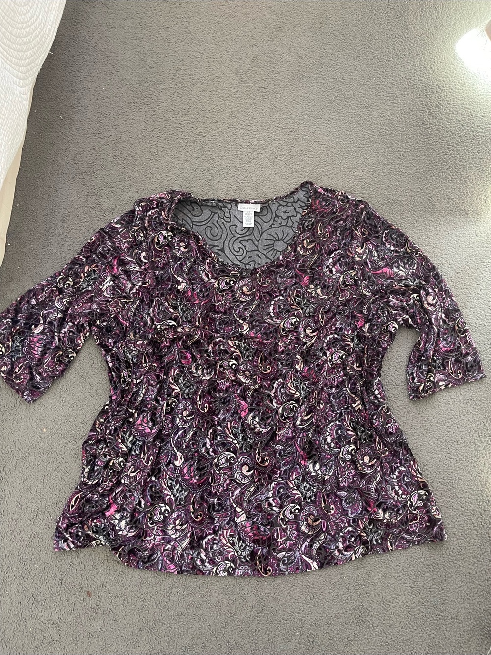 Catherines Purple velvet burn out Paisley V-Neck 3/4 Sleeve Tunic